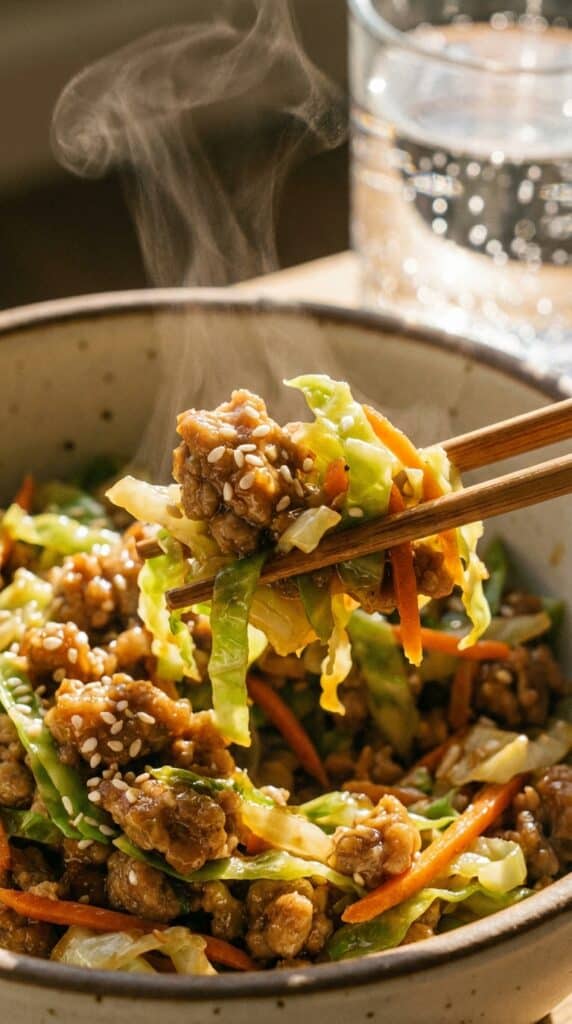 A close-up of wooden chopsticks lifting a savory bite of pork, shredded cabbage, and carrots from an egg roll in a bowl.