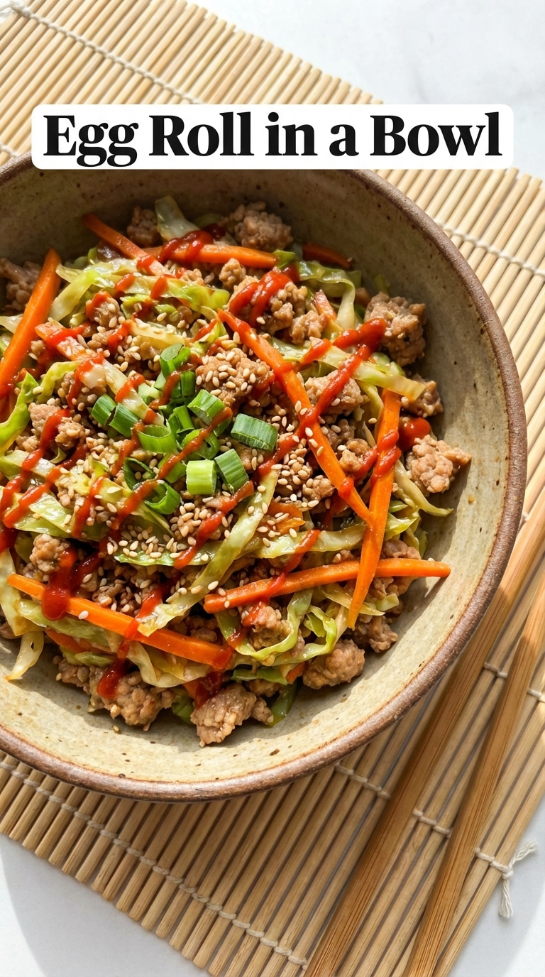 A bowl of deconstructed egg roll featuring ground pork, shredded cabbage, carrots, green onions, and sesame seeds with a drizzle of sriracha.