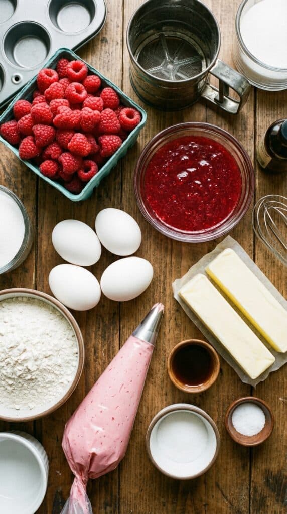A flat lay showing fresh raspberries, raspberry purée, flour, eggs, butter, and a piping bag on a wooden surface.