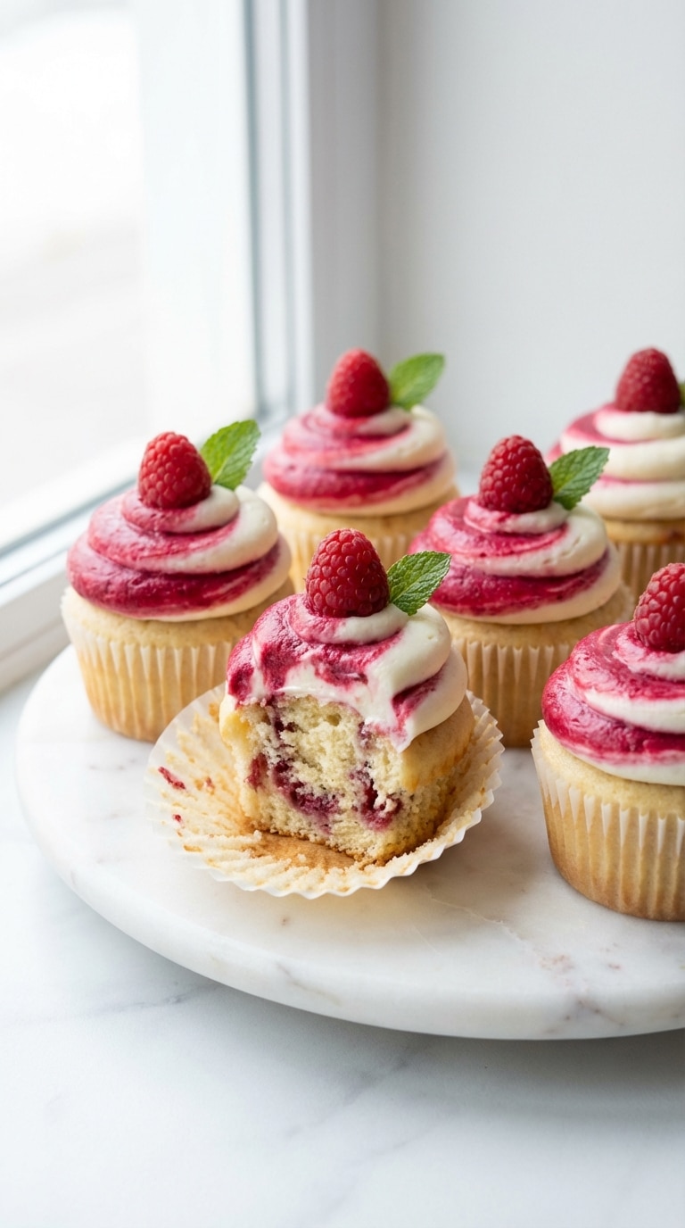 A group of vanilla cupcakes topped with pink and white marbled raspberry buttercream and fresh berries on a marble board.