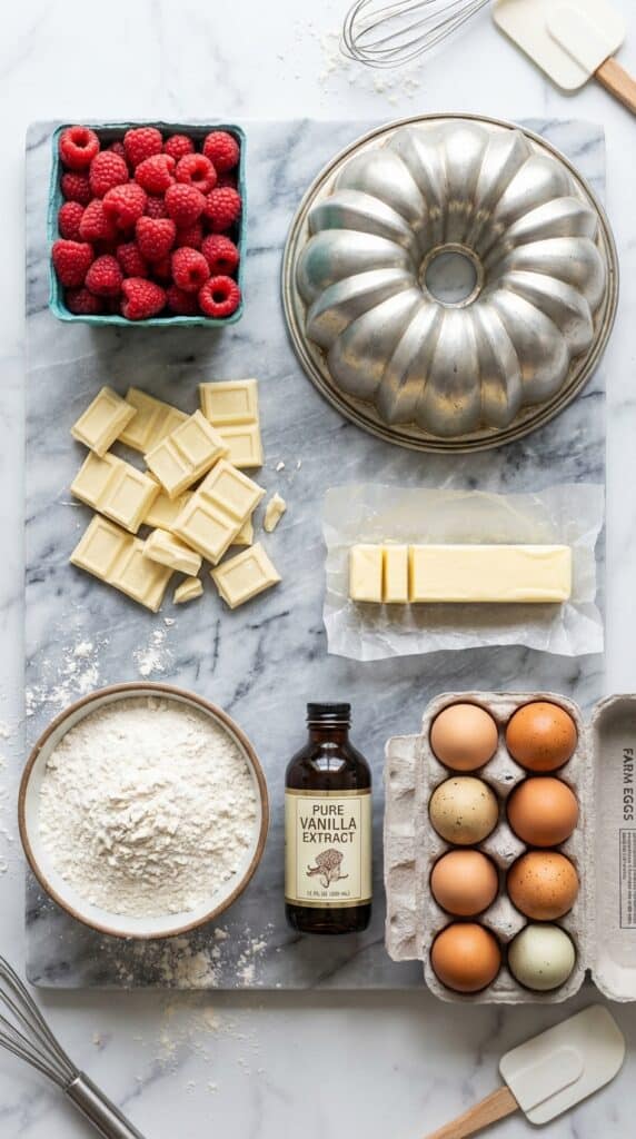 A flat lay showing a vintage Bundt pan, fresh raspberries, white chocolate chunks, butter, flour, and eggs on a marble surface.