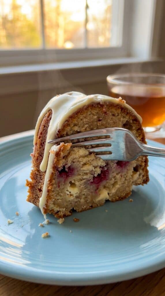 A close-up of a slice of raspberry white chocolate Bundt cake on a plate, with a fork cutting into the moist crumb showing baked berries and chocolate.