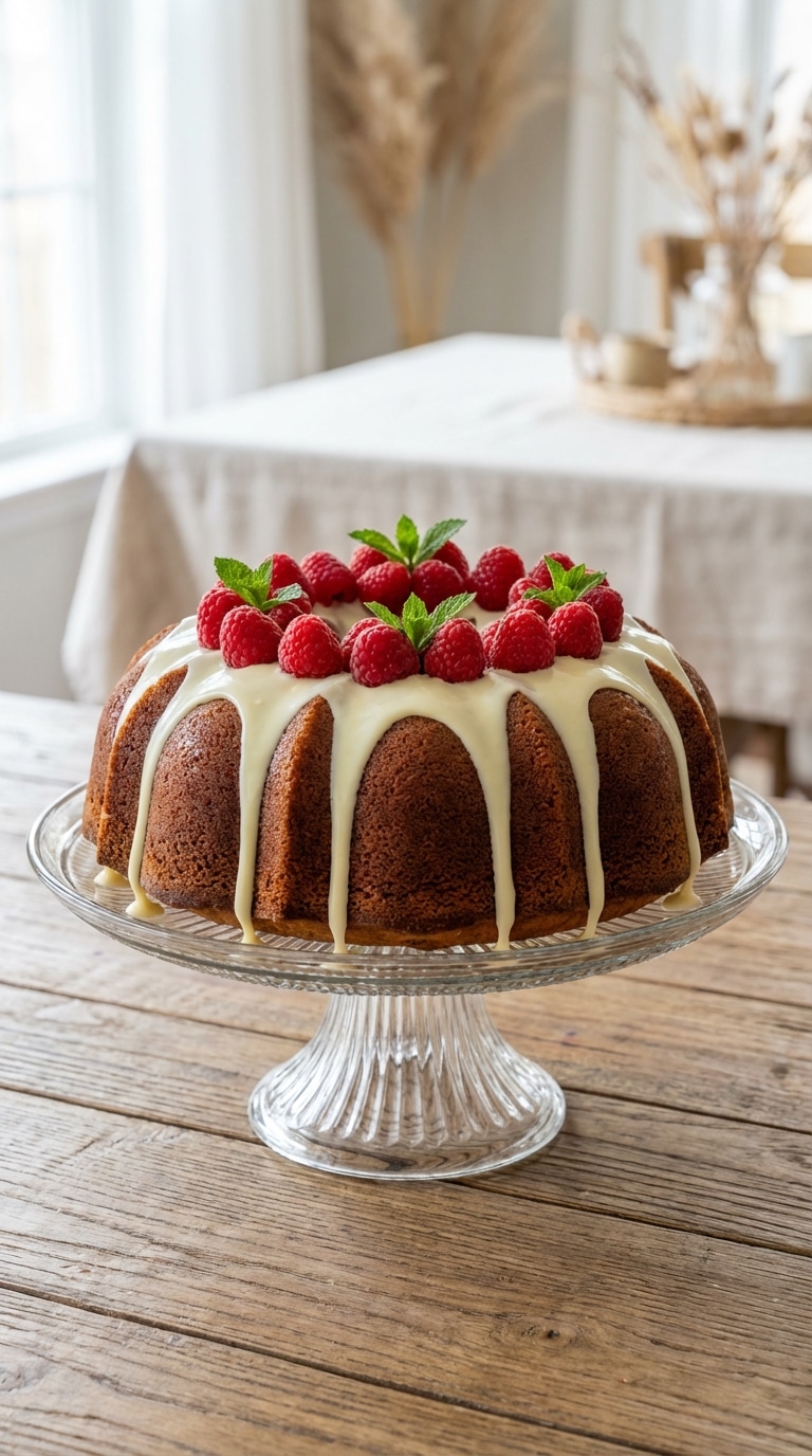 A whole golden-brown Bundt cake on a glass stand, dripping with white chocolate glaze and topped with fresh raspberries and mint.