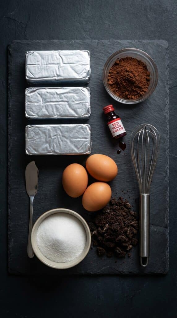A flat lay showing cream cheese, cocoa powder, red food coloring, eggs, sugar, and chocolate cookies on a dark slate board.