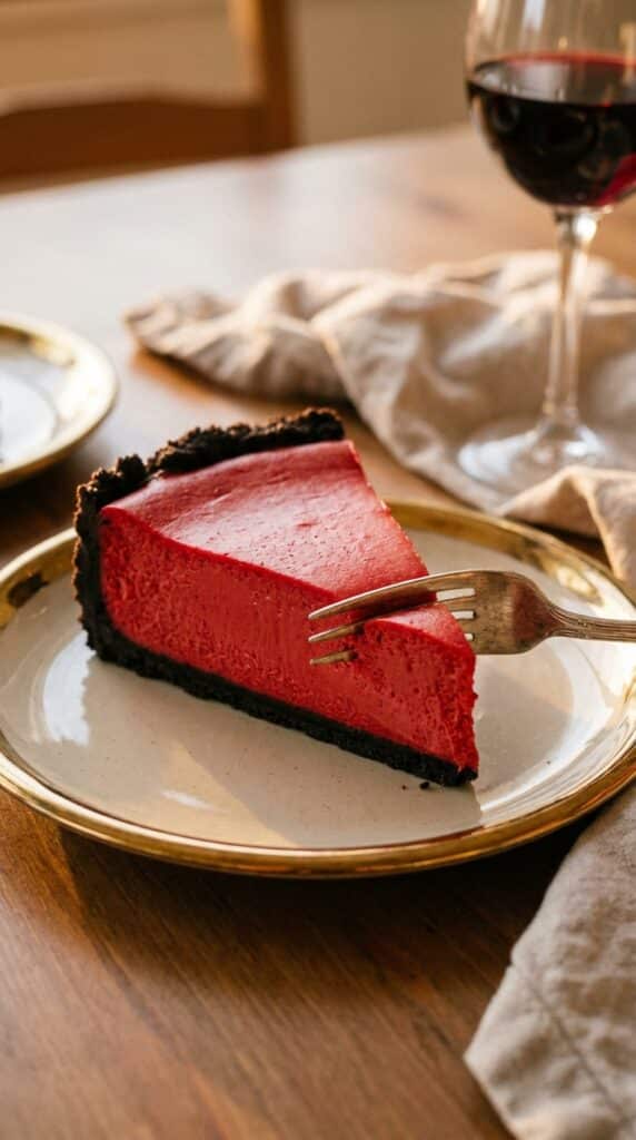 A close-up of a slice of red velvet cheesecake on a plate with a fork cutting into the tip, showing the smooth, dense red filling.
