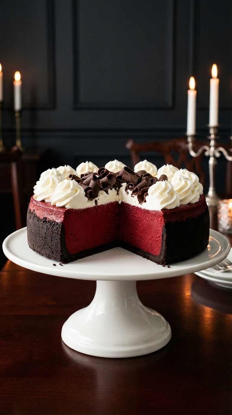A whole red velvet cheesecake on a stand with a dark chocolate crust, white whipped cream rosettes, and a slice missing to show the bright red interior.