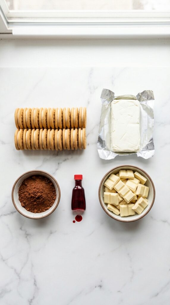 A flat lay showing vanilla cookies, cream cheese, cocoa powder, red food coloring, and white chocolate chunks on a white marble board.