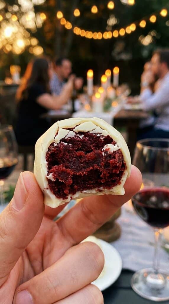 A close-up of a hand holding a white chocolate truffle with a bite taken out, revealing a dense, fudgy red velvet center.