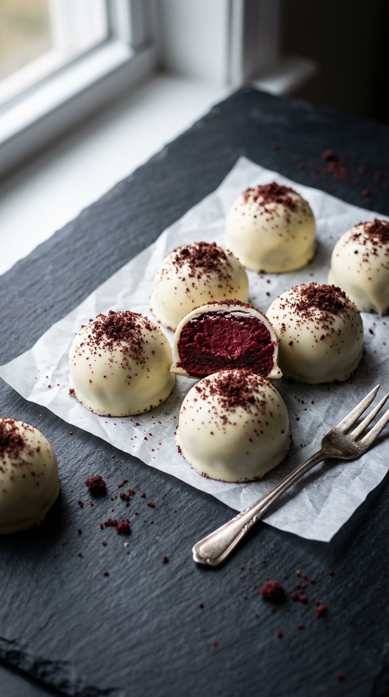 A close-up of smooth white chocolate truffles dusted with crumbs on a slate surface, with one cut open to show a bright red velvet center.