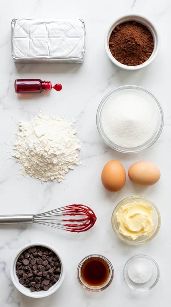 A flat lay showing cream cheese, cocoa powder, red food coloring, sugar, eggs, and flour on a white marble board.