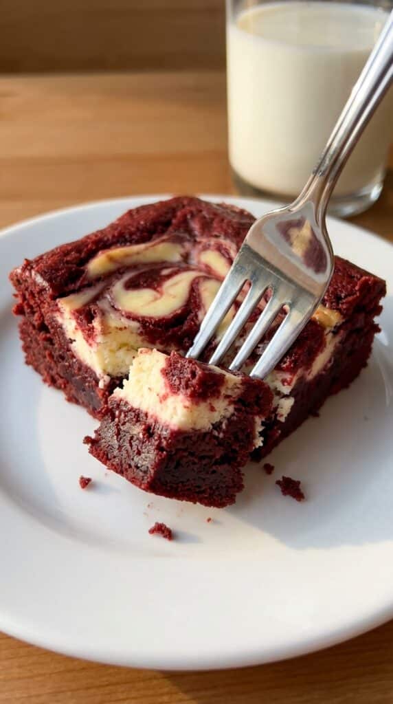A close-up of a fork breaking into a fudgy red velvet cheesecake brownie, showing the dense texture, with a glass of milk in the background.