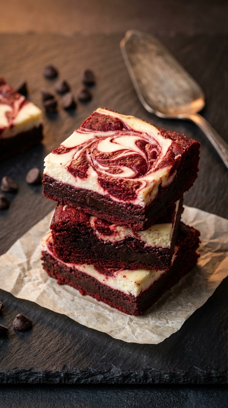 A stack of three thick red velvet brownies with white cheesecake swirls on parchment paper over a dark slate counter.
