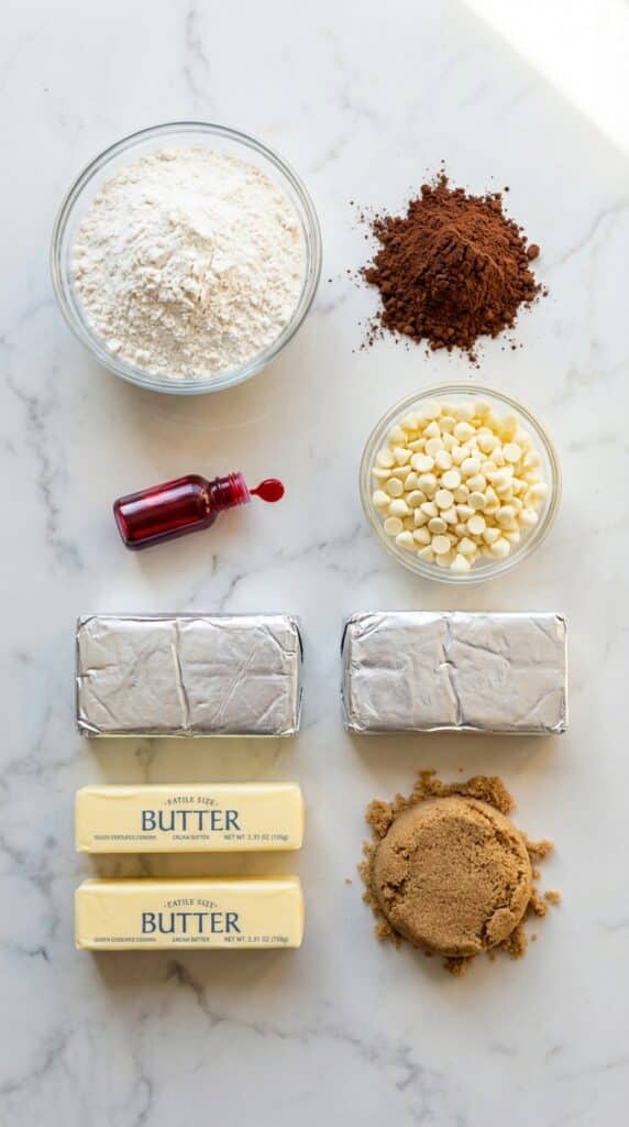 A flat lay showing flour, cocoa powder, red food coloring, white chocolate chips, butter, cream cheese, and brown sugar on a marble counter.