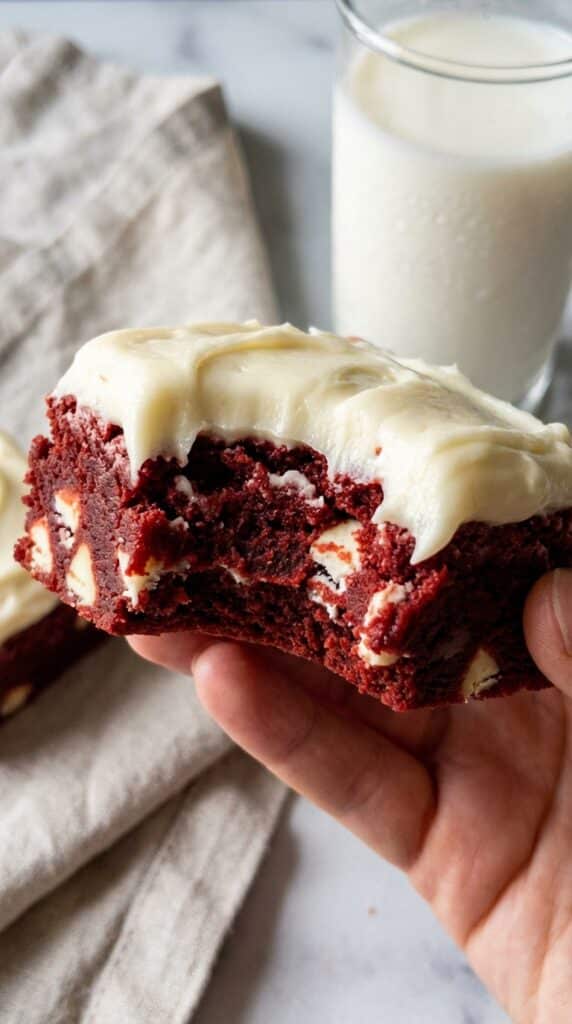 A close-up of a hand holding a red velvet cookie dough bar with a bite taken out, showing the dense red dough and white chocolate chips inside.