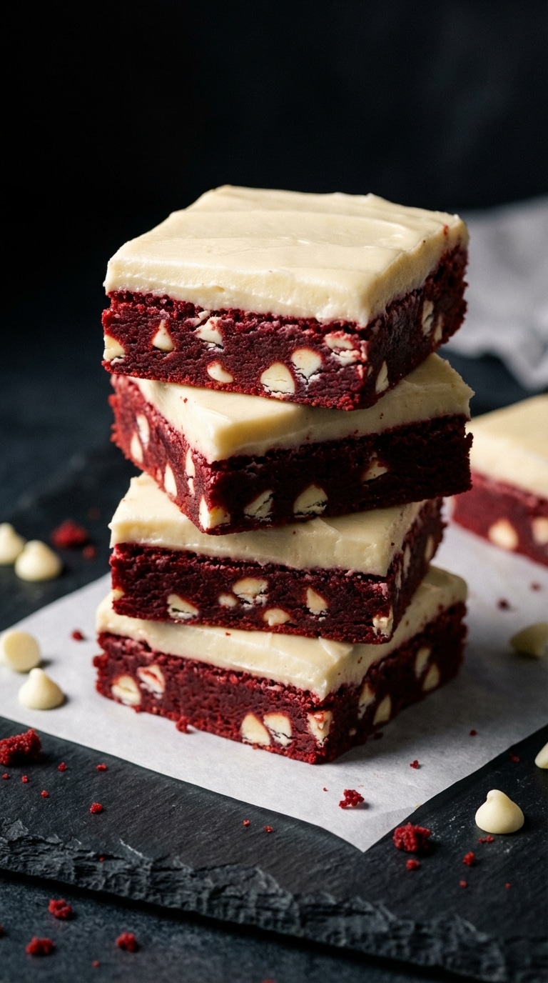 A stack of thick red velvet cookie dough bars packed with white chocolate chips and topped with white cream cheese frosting on a dark slate board.