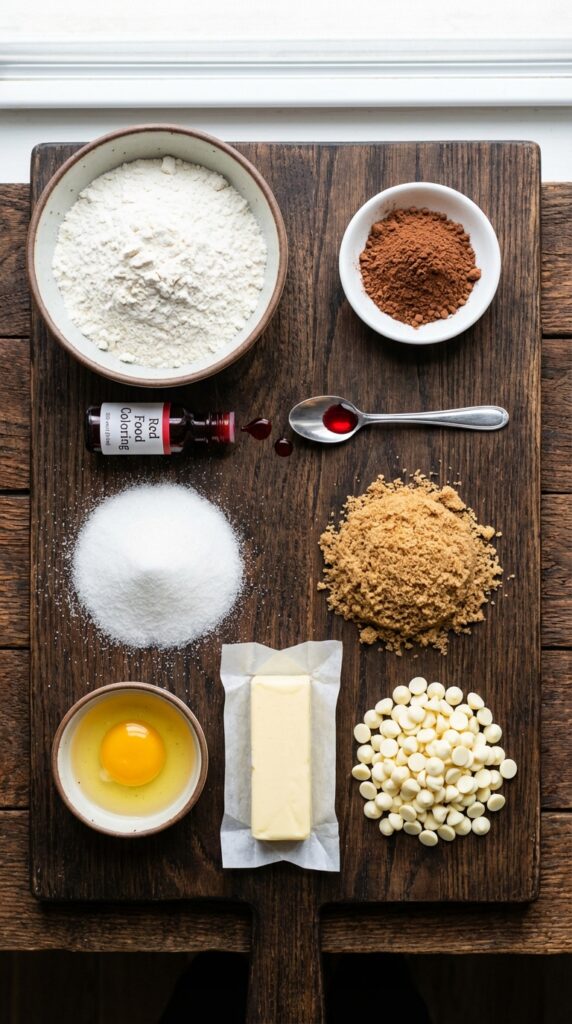 A flat lay of baking ingredients including cocoa powder, red food coloring, butter, sugar, flour, and white chocolate chips on a wooden board.