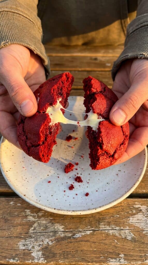 Two hands breaking apart a warm red velvet cookie, revealing a soft, gooey red center and melted white chocolate chips.