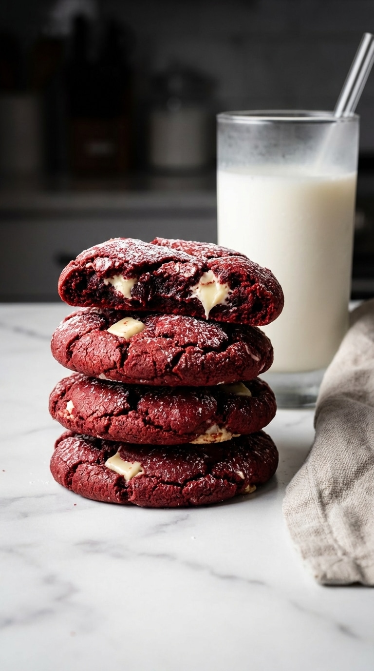 A stack of thick, vibrant red velvet cookies filled with white chocolate chips on a white marble surface.