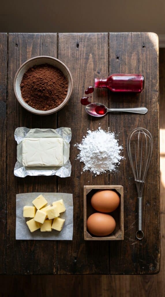 A flat lay showing cocoa powder, red food coloring, cream cheese, powdered sugar, butter, and eggs on a dark wooden board.