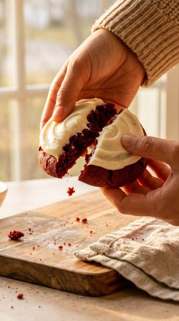 A close-up of hands breaking a frosted red velvet cookie in half, showing a soft, chewy red center and thick white frosting.