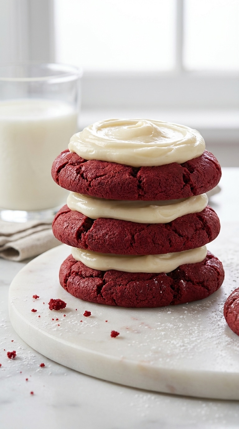 A stack of three vibrant red velvet cookies topped with thick swirls of white cream cheese frosting on a marble board.