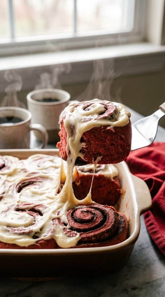 A close-up of a spatula lifting a bright red velvet cinnamon roll from a pan, showing a stretch of melted white cream cheese frosting.