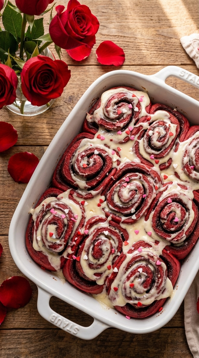 A top-down view of a baking dish filled with bright red velvet cinnamon rolls topped with melting white cream cheese frosting and heart sprinkles.