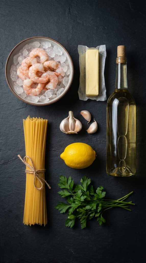A flat lay showing raw shrimp, dry linguine, a lemon, garlic, butter, parsley, and white wine on a dark slate board.