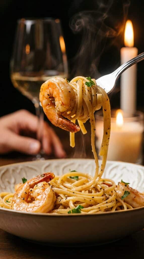 A close-up of a silver fork twirling glossy linguine and a shrimp over a pasta bowl, with a hand holding a wine glass in the background.