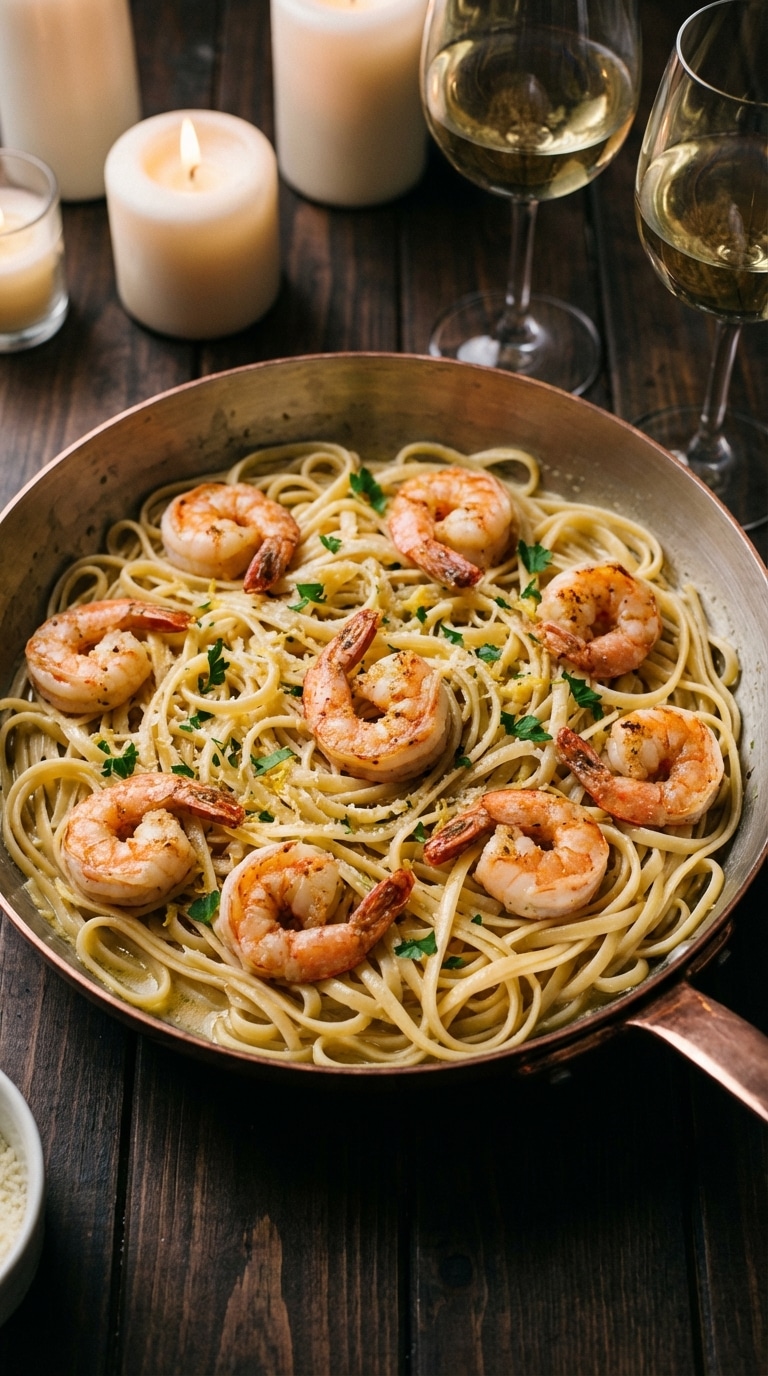 An overhead view of a copper skillet filled with shrimp linguine in a garlic butter sauce, with lit candles and wine glasses in the background.