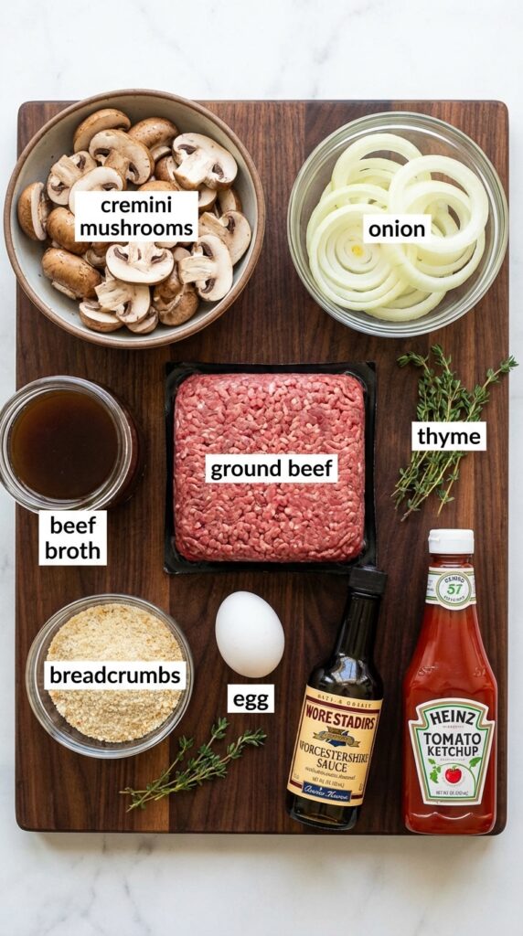 A flat lay showing raw ground beef, sliced mushrooms, sliced onions, beef broth, an egg, breadcrumbs, and sauces on a wooden board.