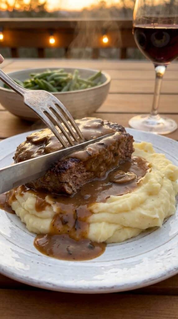 A close-up of a knife and fork cutting into a Salisbury steak covered in mushroom gravy, served over a bed of mashed potatoes.