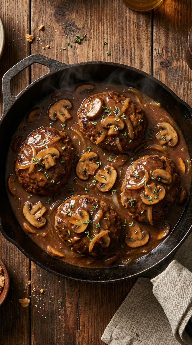 A top-down view inside a cast iron skillet containing four oval beef patties smothered in a rich brown mushroom and onion gravy.