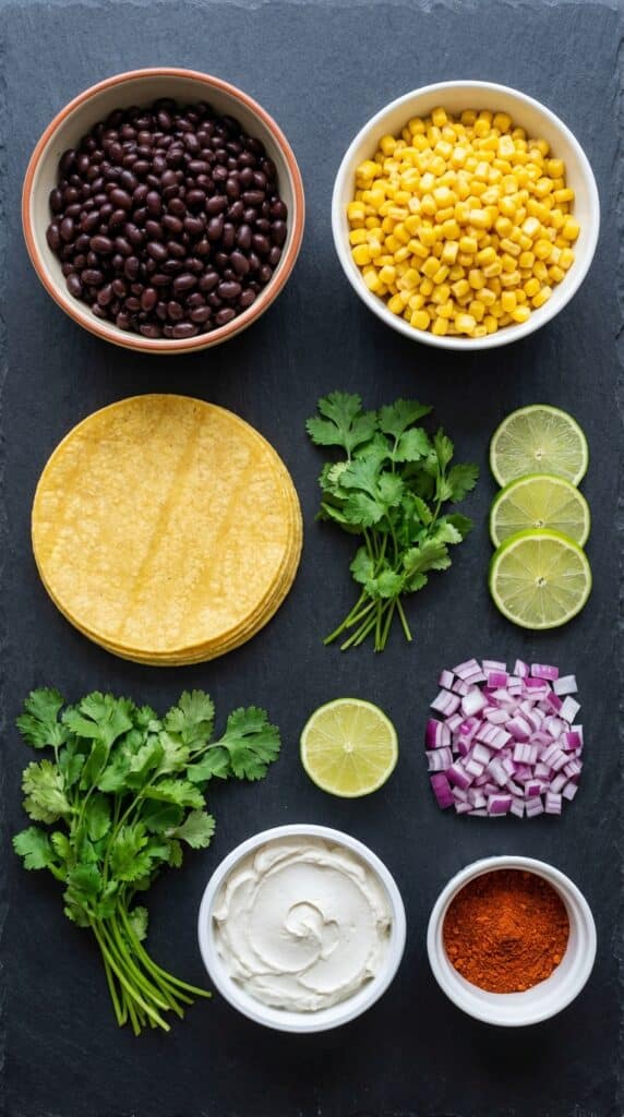 A flat lay showing black beans, corn kernels, corn tortillas, vegan cheese, limes, cilantro, and spices on a wooden table.