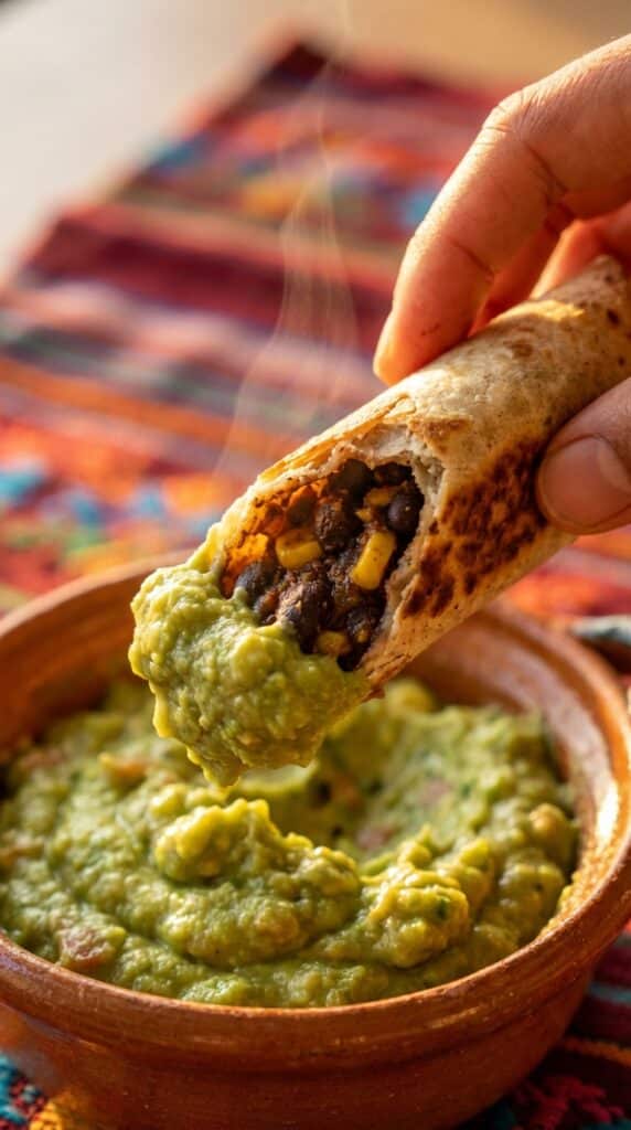 A close-up of a hand dipping a half-eaten crispy vegan taquito into a bowl of fresh guacamole.
