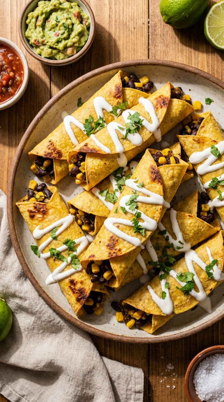A colorful platter piled high with crispy baked vegan taquitos filled with black beans and corn, garnished with cilantro and sour cream.