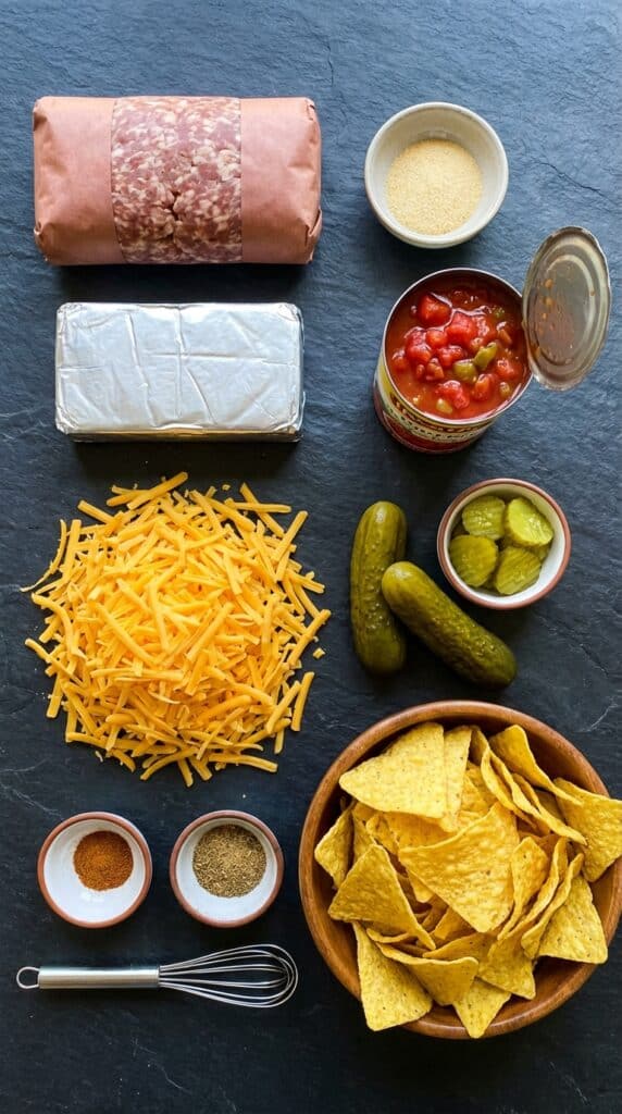 A flat lay showing ground sausage, cream cheese, canned tomatoes with chilies, shredded cheddar, dill pickles, and tortilla chips on a dark slate board.