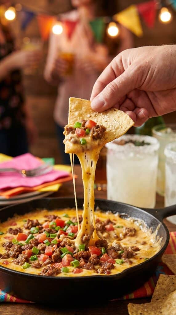 A close-up of a tortilla chip scooping up thick, melted sausage cheese dip with a massive cheese pull in a party setting.