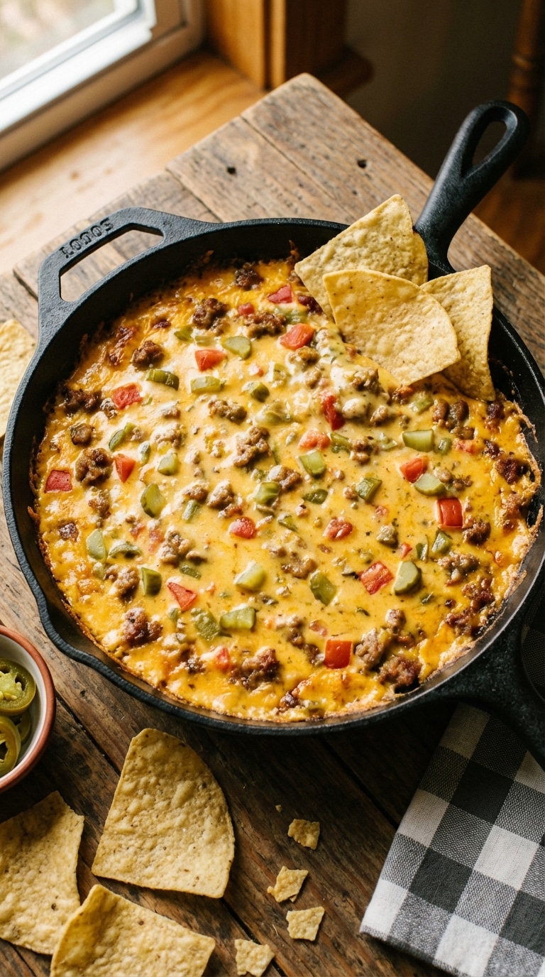 A top-down view of a cast iron skillet filled with creamy, melted sausage and cheese dip with tomatoes, chilies, and diced pickles, surrounded by tortilla chips.