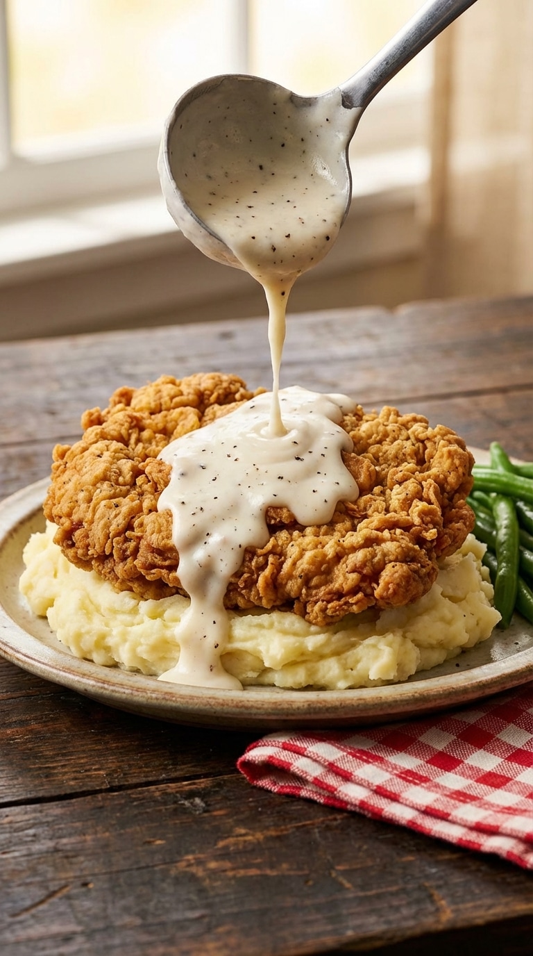 A close-up plate of a golden-brown, crispy chicken fried steak topped with thick pepper gravy, served alongside creamy mashed potatoes and green beans.
