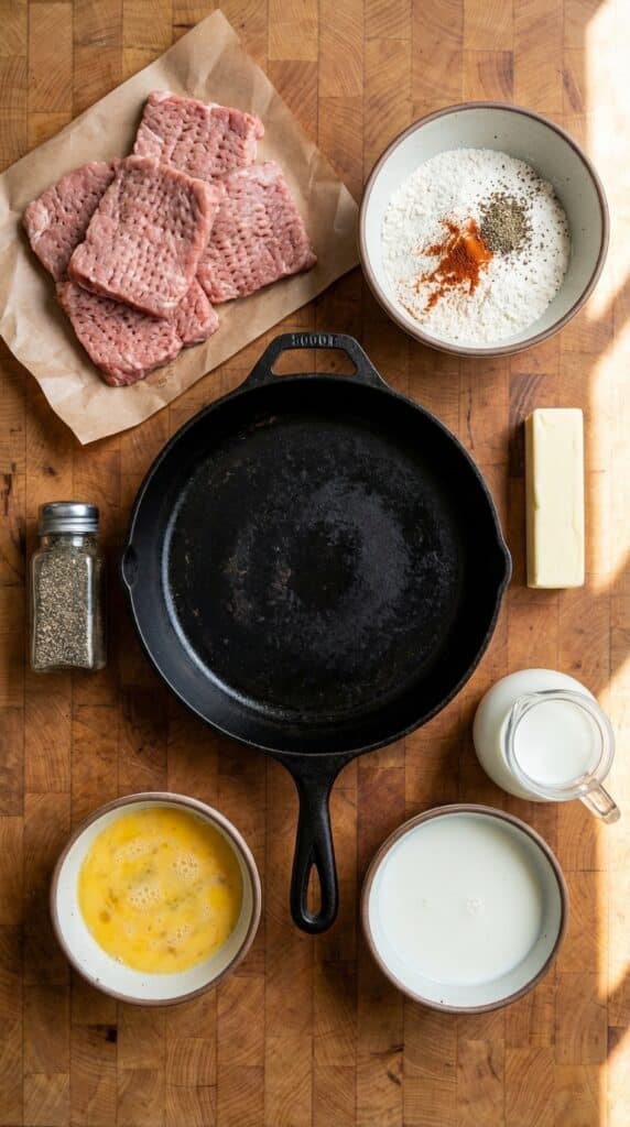 A flat lay showing raw cube steaks, a cast-iron skillet, bowls of seasoned flour and egg wash, a pitcher of milk, butter, and black pepper on a wooden table.