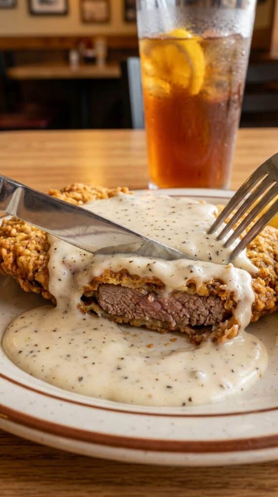 A close-up action shot of a knife and fork cutting into a crispy chicken fried steak smothered in pepper gravy, showing the tender beef inside.