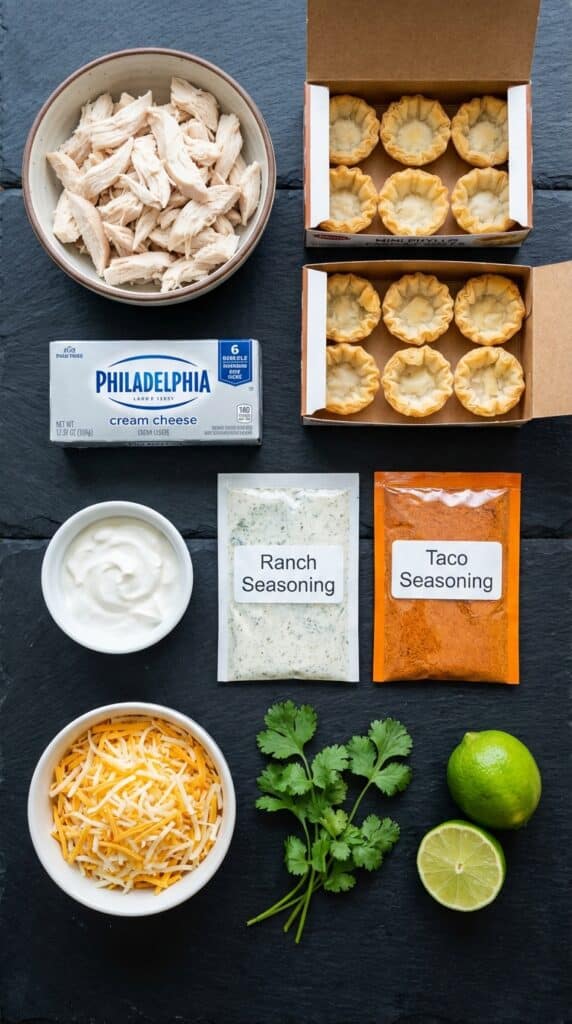 A flat lay showing shredded chicken, mini phyllo shells, cream cheese, sour cream, seasoning packets, shredded cheese, and cilantro on a dark board.