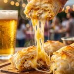 A close-up of a hand picking up a crispy chicken taco bite, creating a long, gooey cheese stretch from the serving board.
