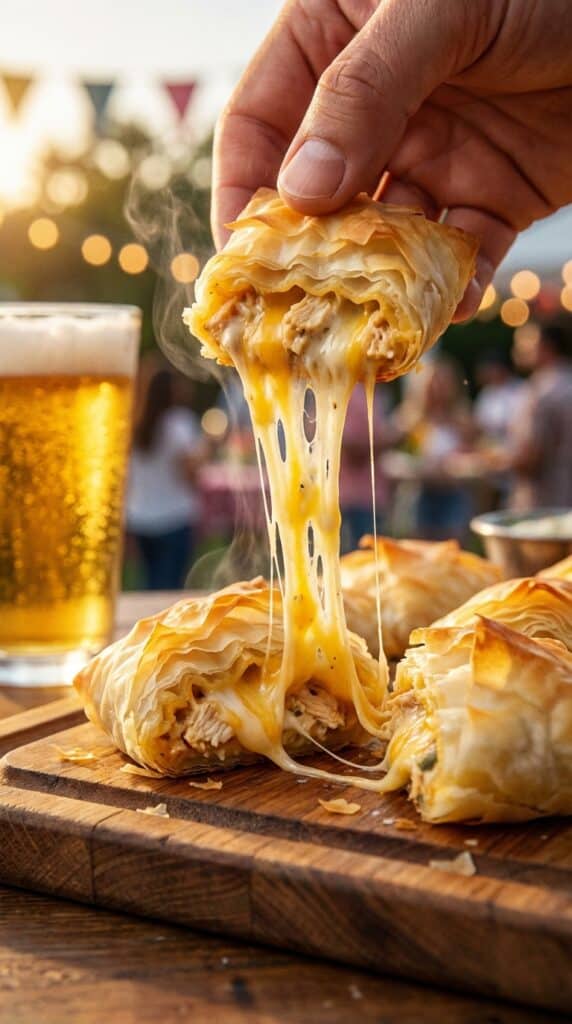 A close-up of a hand picking up a crispy chicken taco bite, creating a long, gooey cheese stretch from the serving board.
