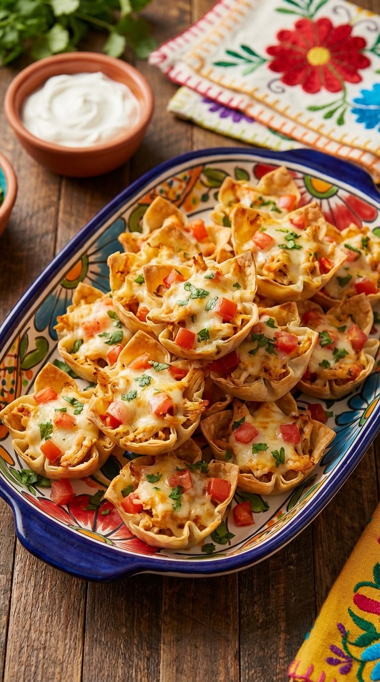 A decorative platter filled with crispy pastry cups stuffed with melted cheese, chicken, and taco seasonings, topped with fresh cilantro and tomatoes.