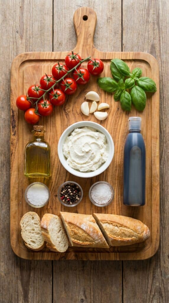 A flat lay showing cherry tomatoes, fresh basil, garlic, ricotta cheese, olive oil, balsamic glaze, and a sliced baguette on a wooden board.