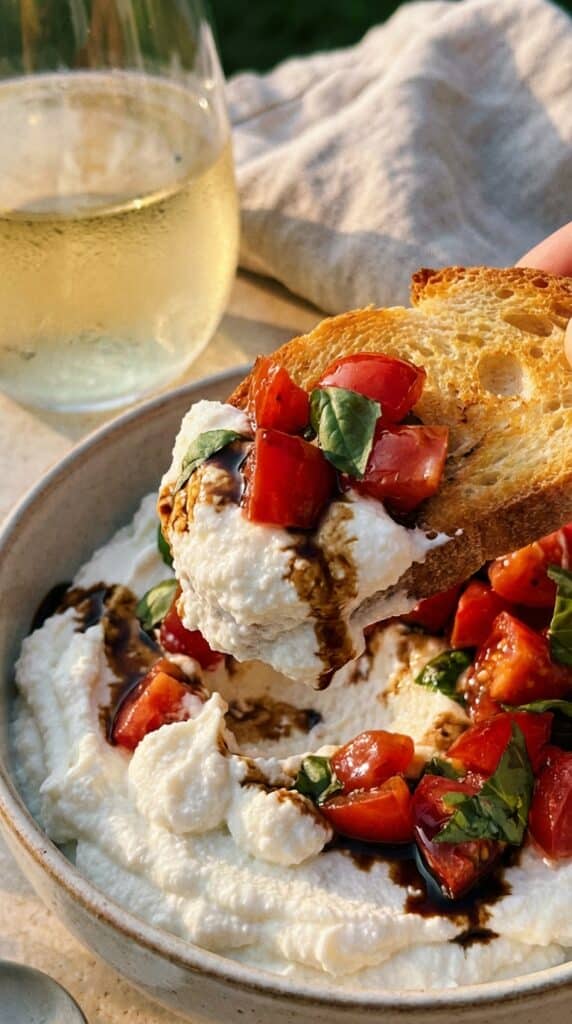 A close-up of a piece of toasted bread scooping up whipped ricotta, diced tomatoes, basil, and balsamic drizzle from a bowl.