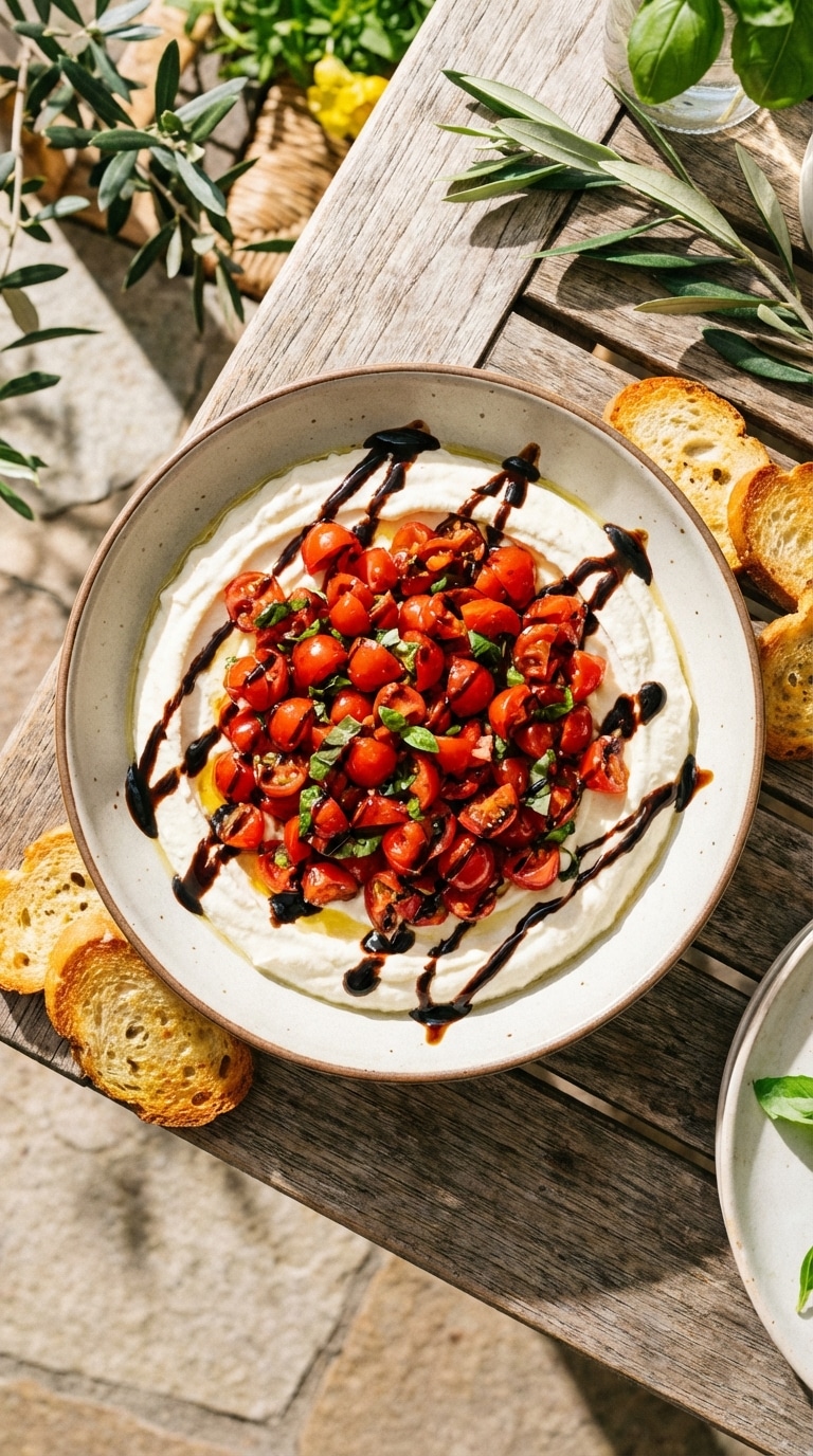 A shallow bowl of whipped white cheese topped with a mound of diced tomatoes, basil, and a dark balsamic drizzle, surrounded by toasted bread.