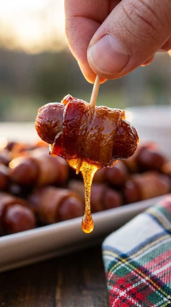 A close-up of a hand holding a bacon-wrapped cocktail sausage by a toothpick, with a thick drop of caramelized brown sugar dripping from it.